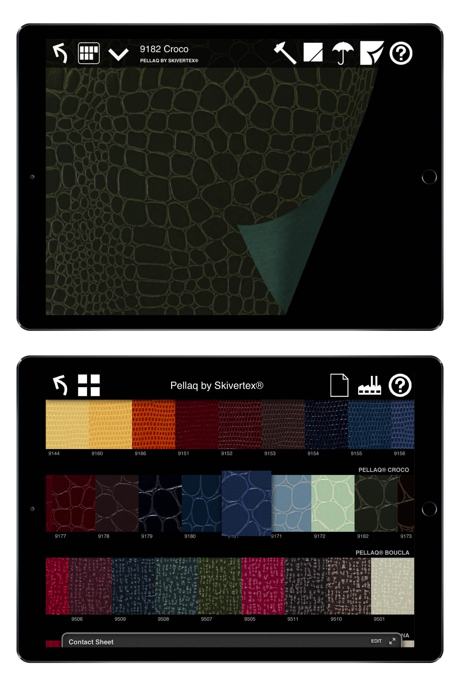 FiberMark iPad app showing interactive 3D texture of crocodile-skin paper
