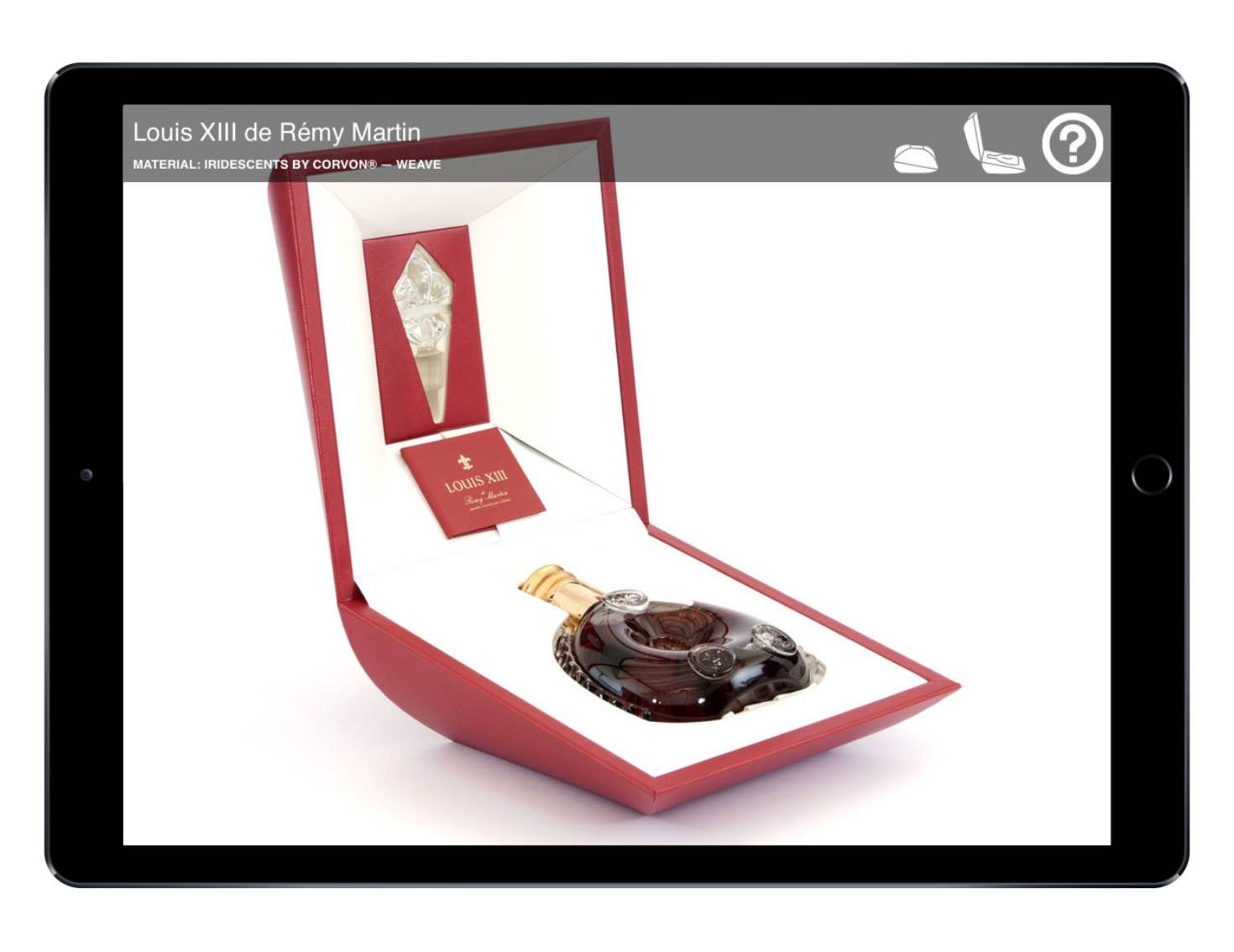 FiberMark iPad app showing Remy Martin case in interactive 3D