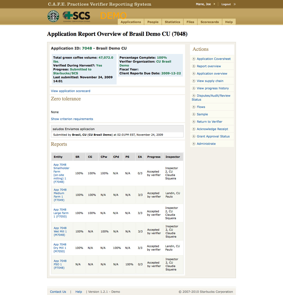 Application Report page